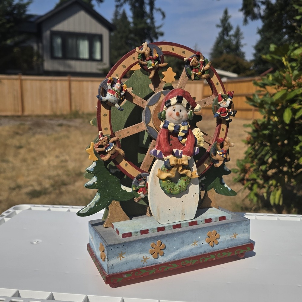 Wood Christmas Ferris Wheel Music Box Animated Snowman Reindeer - Picture 3 of 6